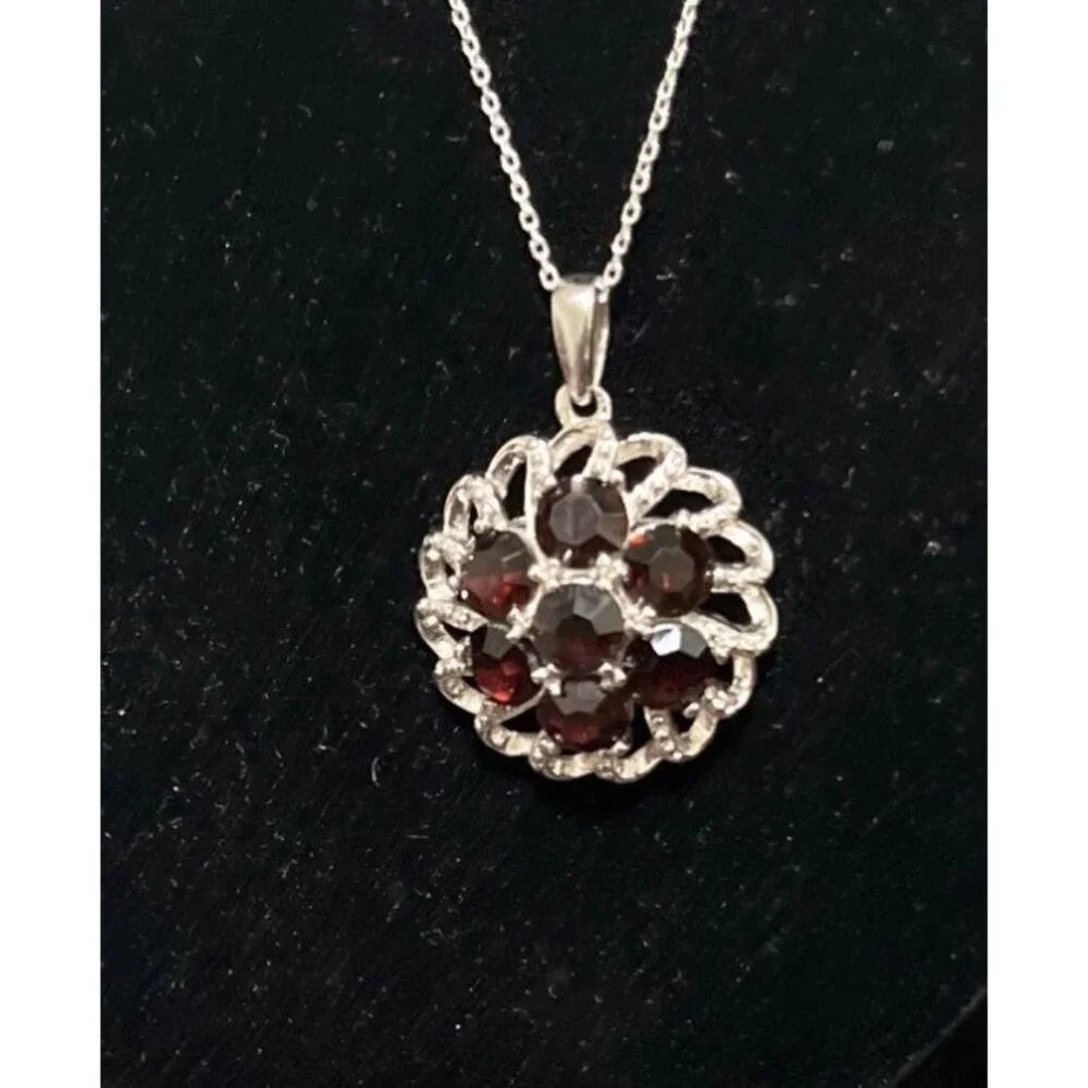 Karis Italy Red Crystal Floral Pendant Platinum Bond On Sterling Silver 18” Chai - Picture 7 of 8